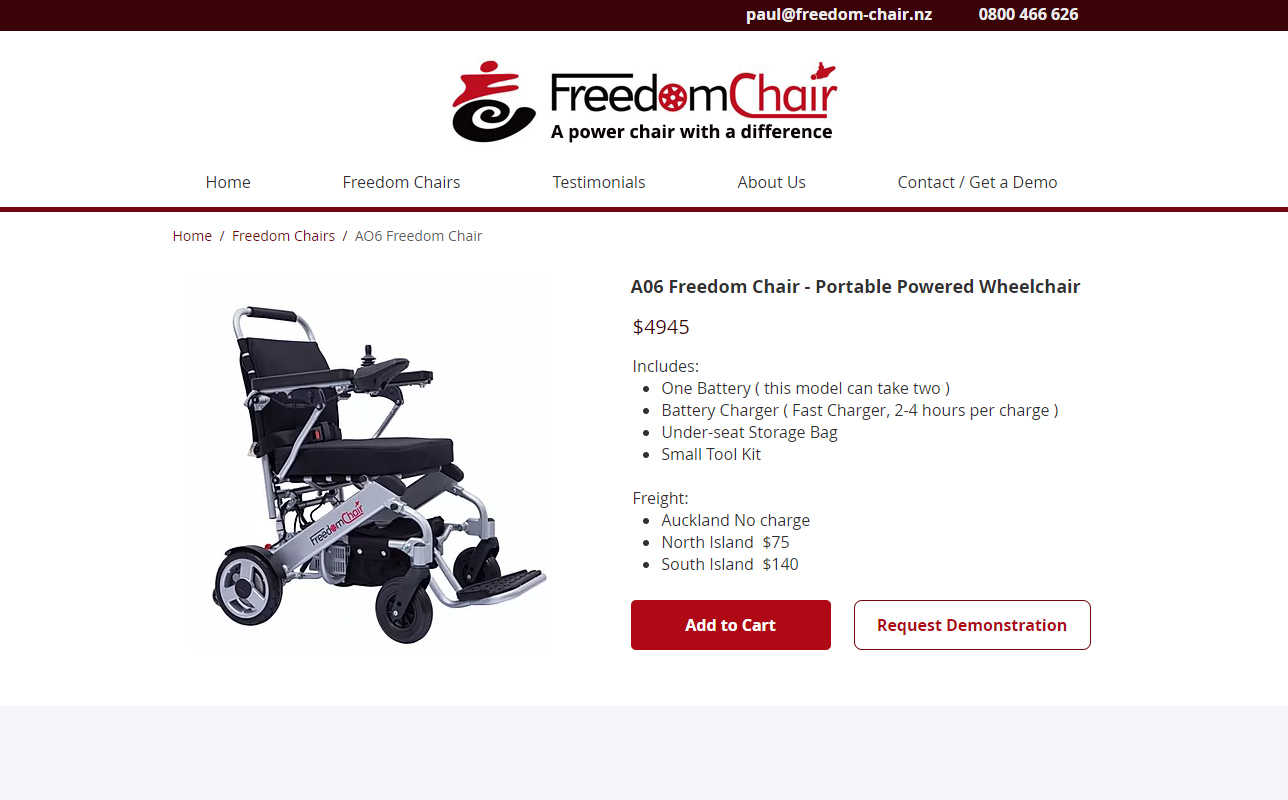 Freedom Chair product details & ordering page example